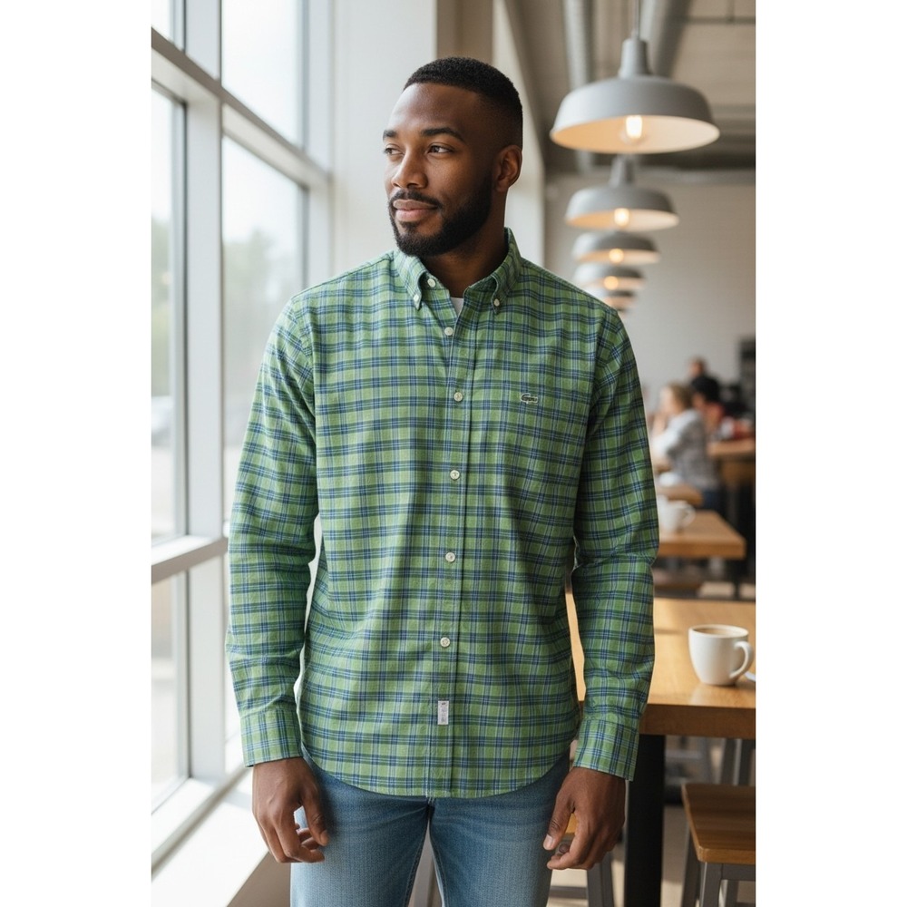 Lacoste Men's Long Sleeve Green Plaid XL Button Down Shirt